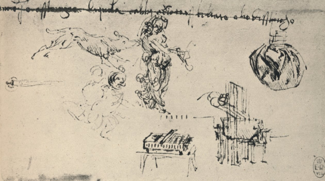 Ark med studier med en ung kvinne, en ulv, etc., c1480 1945 av Leonardo da Vinci