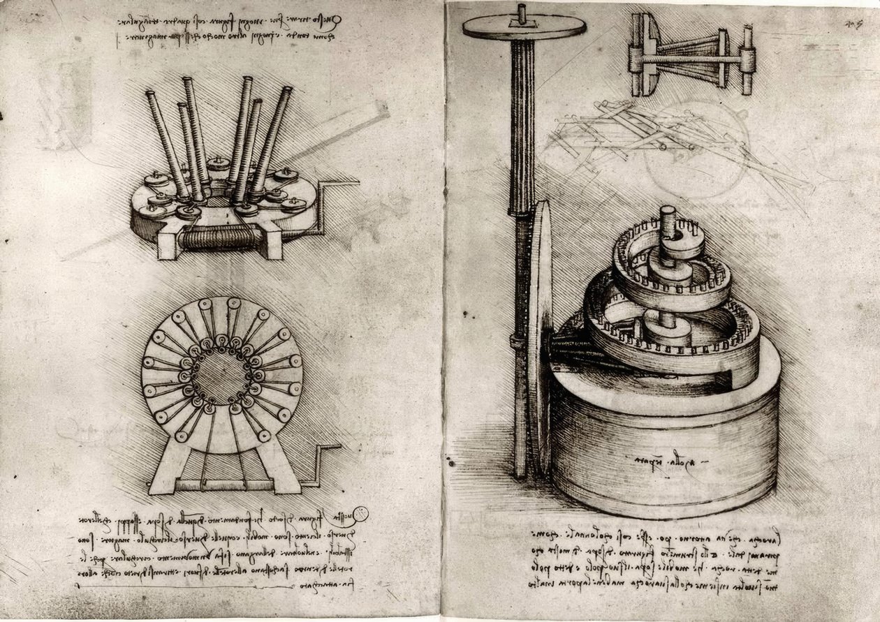 Studier av mekanikk; høyre drivfjær på en klokke av Leonardo da Vinci