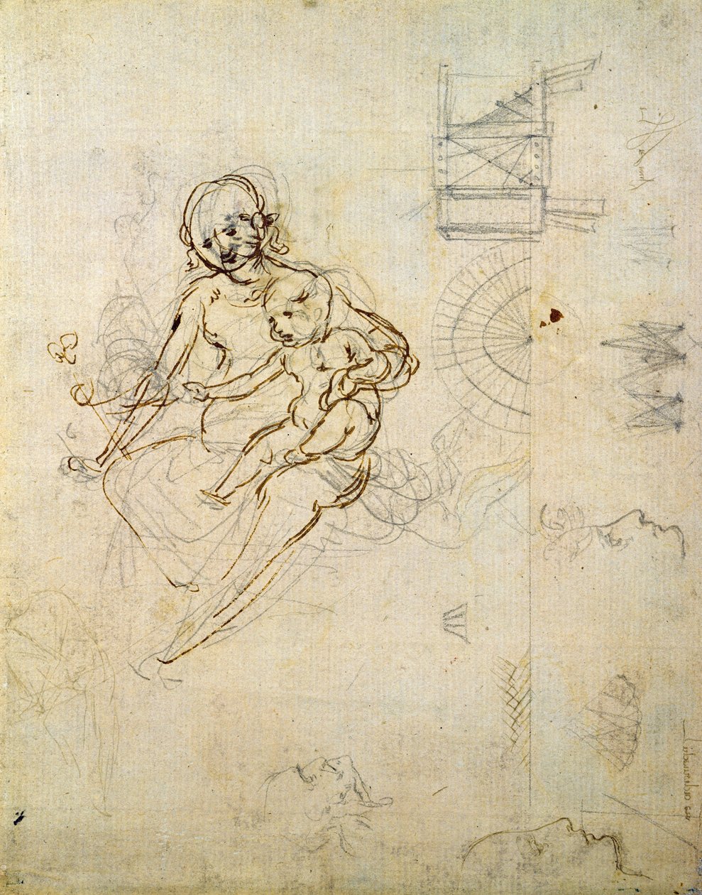 Studies for a Virgin and Child and of Heads in Profile and Machines, ca. 1478-80 (blyant og blekk på papir) av Leonardo da Vinci