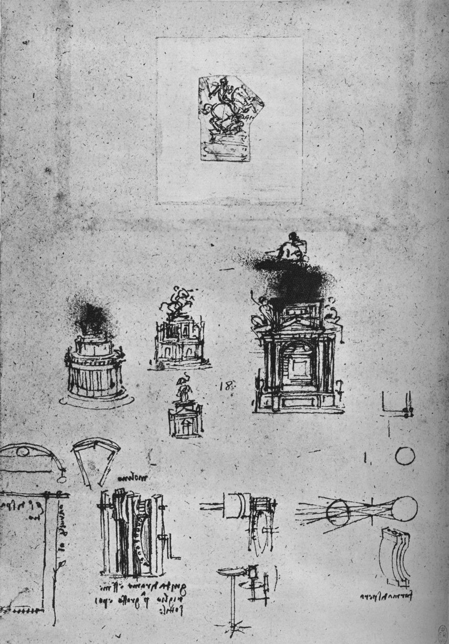 Studier for et ridemonument og studier av maskineri, c1480 1945 av Leonardo da Vinci