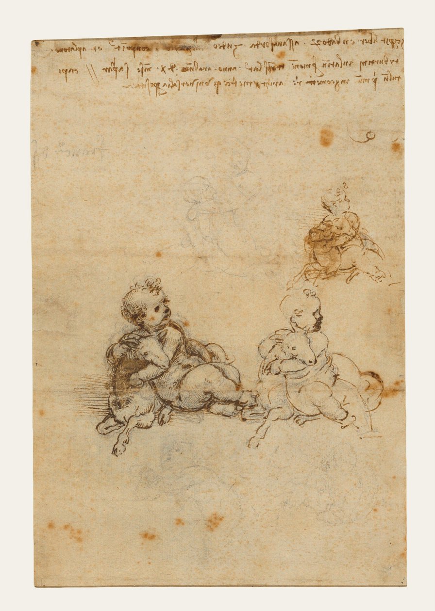 Skisser til «Kristusbarnet med et lam» (forsiden); «Hodet til en gammel mann» og «Skisser av maskiner» (baksiden) av Leonardo da Vinci