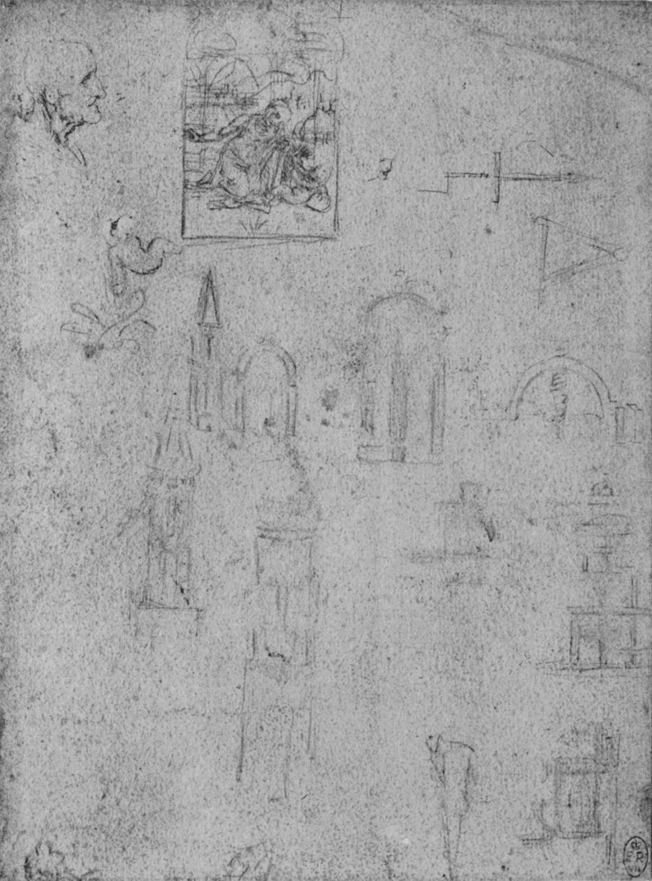 Studier av arkitektur og av en jomfru som tilber spedbarnet Kristus, c1480 1945 av Leonardo da Vinci