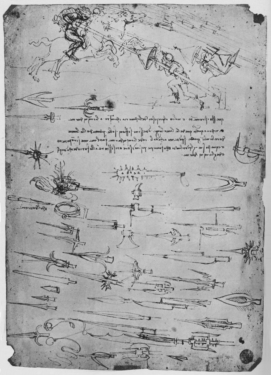 Studier av fotsoldater som angriper ryttere med lanser til hvilke skjold, c1480, 1945 av Leonardo da Vinci