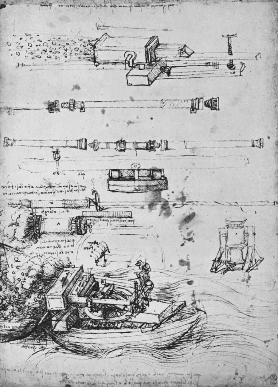 Studier av mørtler, en skyting fra en båt, og av Canon, c1480 1945 av Leonardo da Vinci