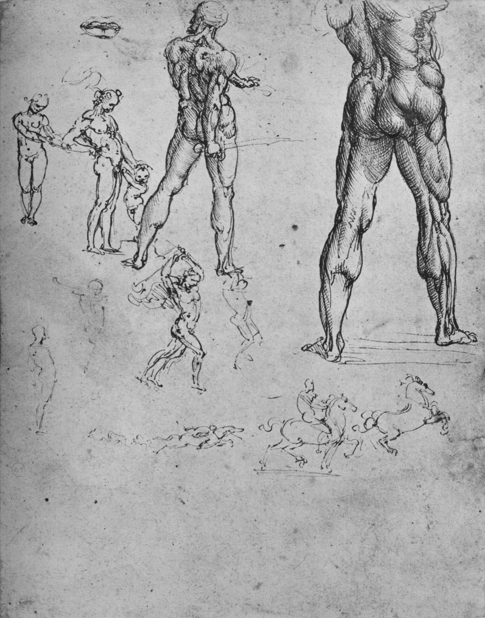 Studier av naken soldat med sverd og mindre skisser, c1480 1945 av Leonardo da Vinci