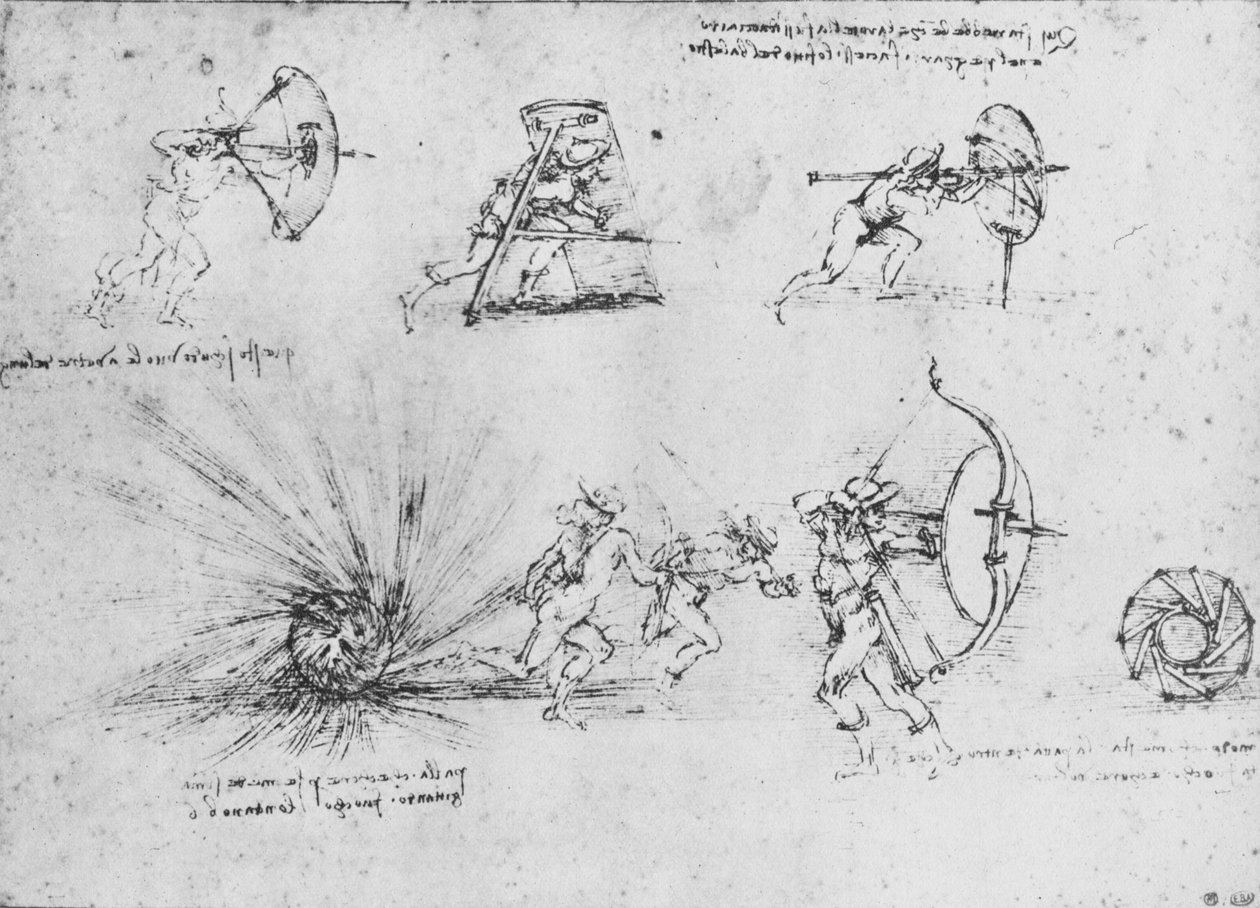 Studier av skjold for å beskytte fotsoldater og av en bombe som eksploderte, c1480 1945 av Leonardo da Vinci