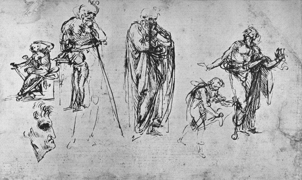 Studier av enkeltfigurer og av en profil, c1480 1945 av Leonardo da Vinci