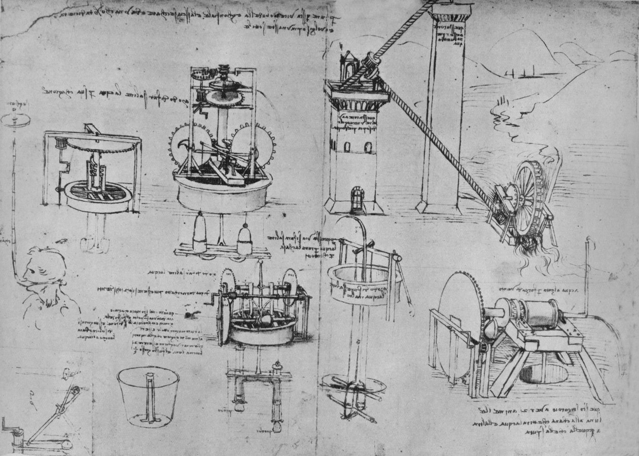 Studier av sugepumper, Archimedes-rør, etc., c1480 1945 av Leonardo da Vinci
