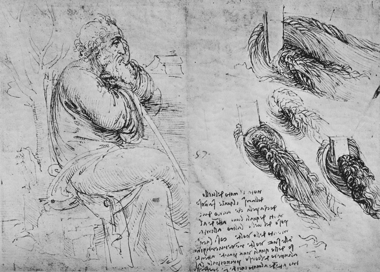Studier av en gammel mann som sitter og av virvlende vann, c1480 1945 av Leonardo da Vinci