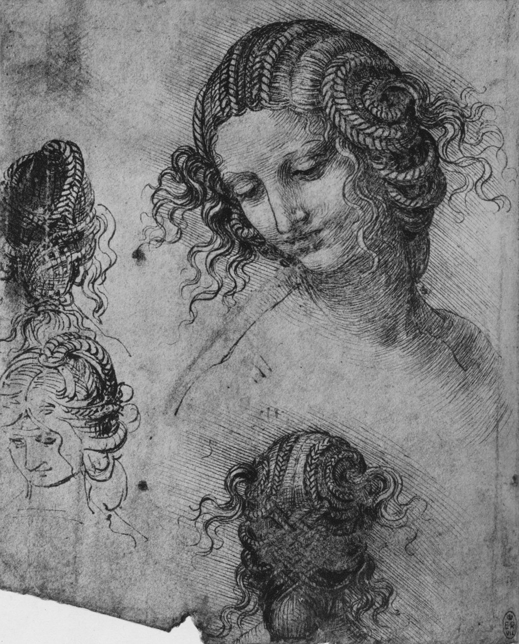 Studies of a Womans Head and Coiffure, c1480 1945 av Leonardo da Vinci