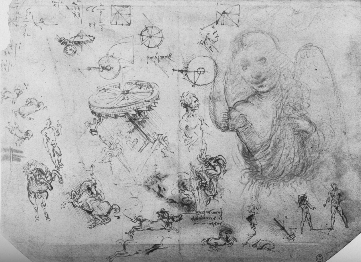 Studier av en engel, av ryttere og andre figurer, c1480 1945 av Leonardo da Vinci