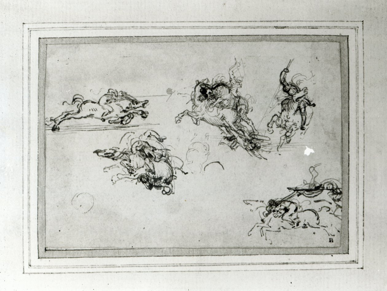Study of Horsemen in Combat, 1503-4 (penn og blekk på papir) av Leonardo da Vinci