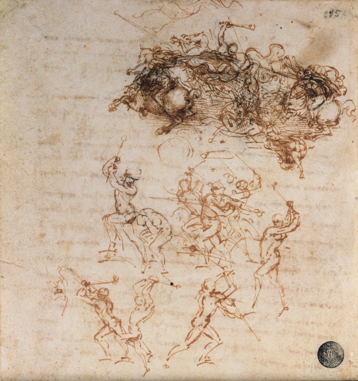 Study of Horsemen in Combat and Foot Soldiers, 1503 (penn og blekk på papir) av Leonardo da Vinci