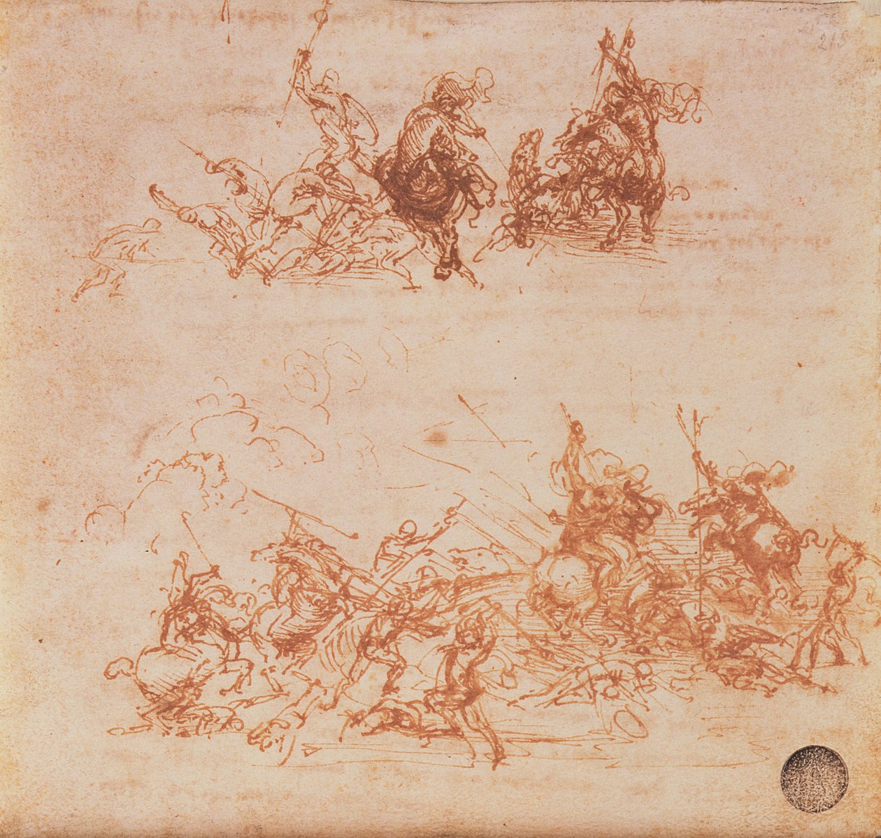 Studie av ryttere i kamp- og fotsoldater, 1503 av Leonardo da Vinci