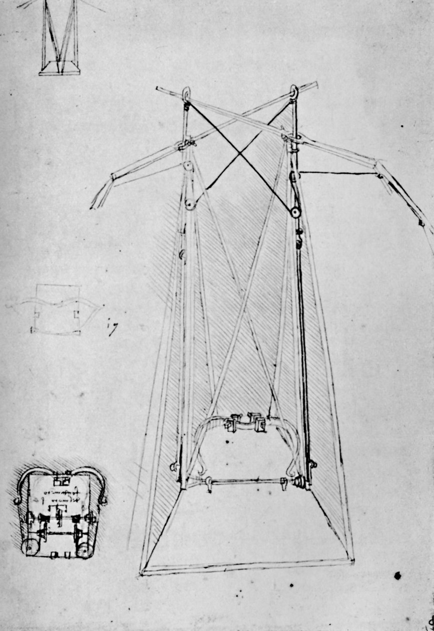 Studie av Motive Apparatus of Flying Machine med Grunnplan for Mechanism of Base, 1928 av Leonardo da Vinci