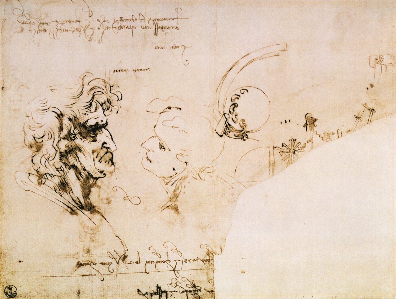 Studie av to hoder i profil og studier av maskiner av Leonardo da Vinci