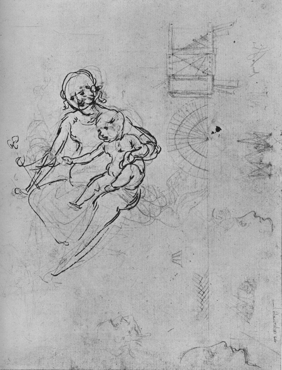 Studie av en madonna og et barn, av profiler og av maskiner, 1478-1480 1945. av Leonardo da Vinci