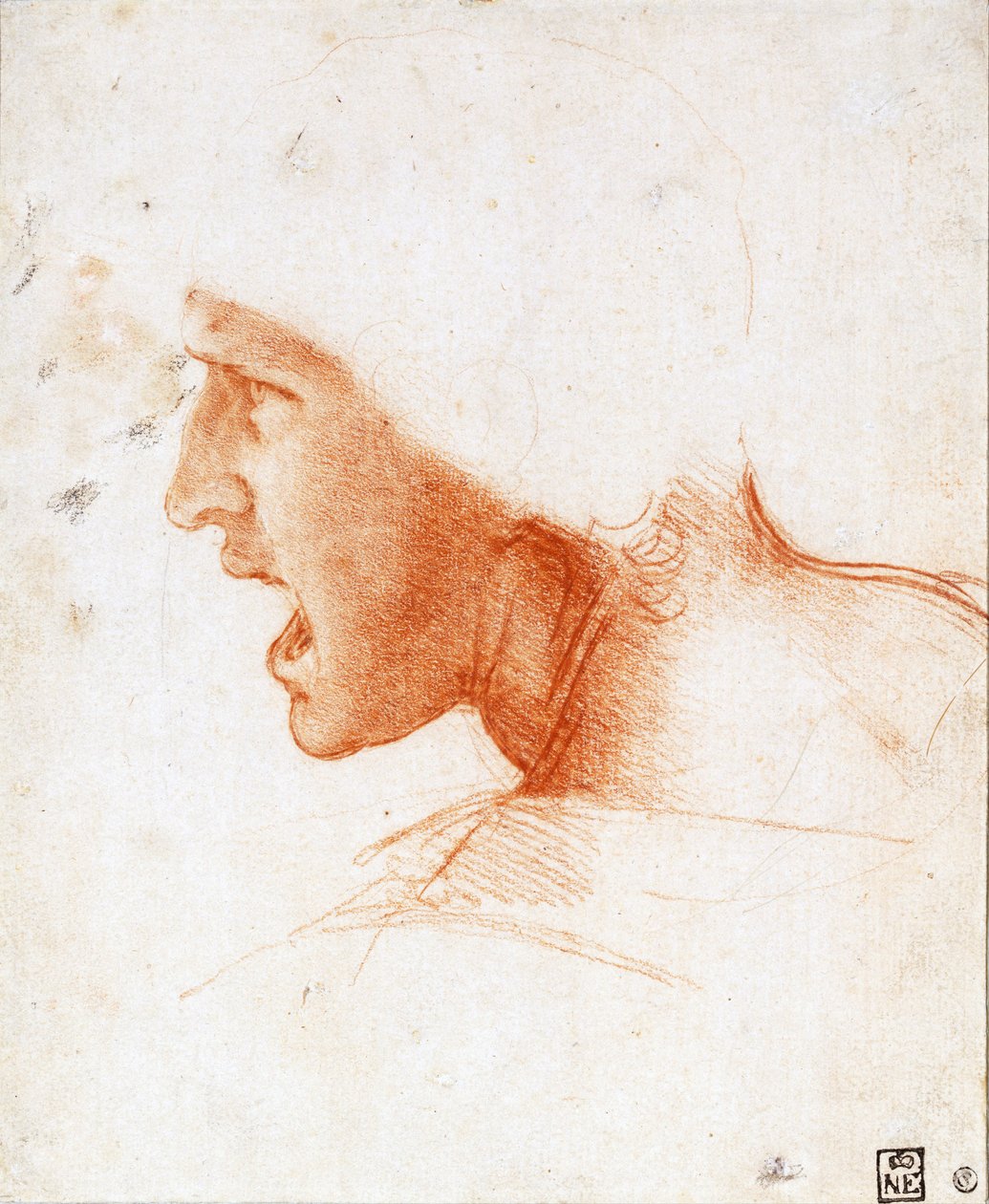 Studie av et krigerhode for slaget ved Anghiari - Leonardo da Vinci (1452-1519) - 1504-1505 - Sanguine på papir - 22,6x18,6 - Szepmuveszeti Muzeum, Budapest av Leonardo da Vinci