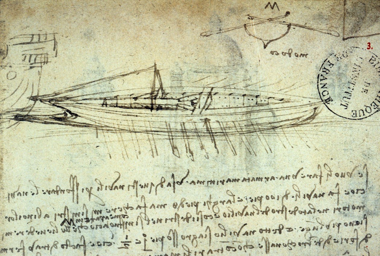 Studie av båt utstyrt med en serie årer av Leonard de Vinci (Leonardo da Vinci) (1452 - 1519). Tegning med penn og blekk. Manuskript. Biblioteket til Institut de France. Paris. av Leonardo da Vinci