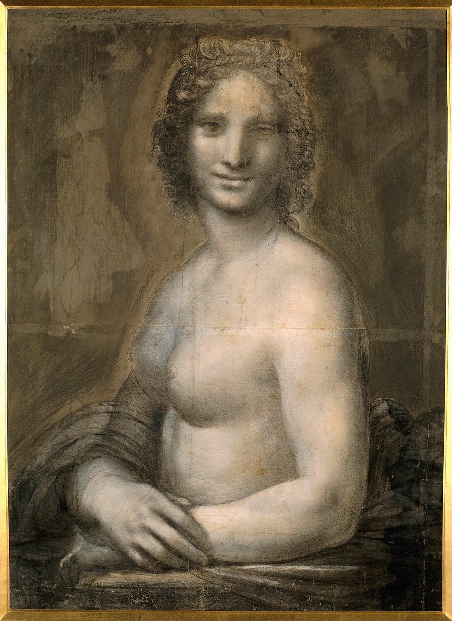Studie av kvinnelig naken sannsynligvis Mona Lisa Bust denude antar Mona Lisa (eller Monna Lisa). Tegning på brunt papir med svart stein fra skolen til Leonard de Vinci (Leonardo da Vinci) (1452-1519) Dim. 0,72 X 0,54 m. Chantilly, Conde-museet av Leonardo da Vinci