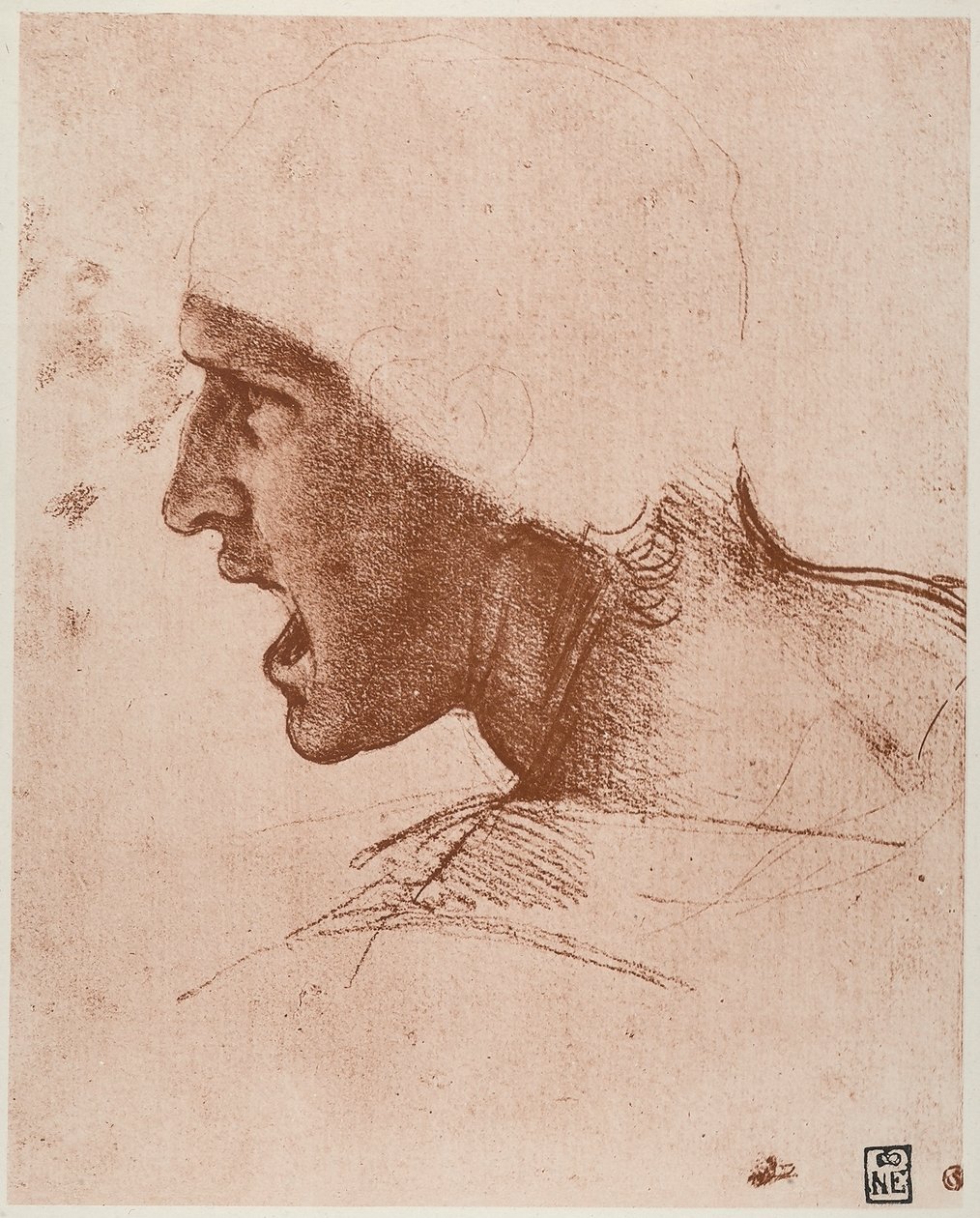 Studie av mannlig hode for slaget ved Anghiari, tegning av Leonardo da Vinci, sangvinsk på rosa papir, bevart i Museum of Fine Arts i Budapest. av Leonardo da Vinci