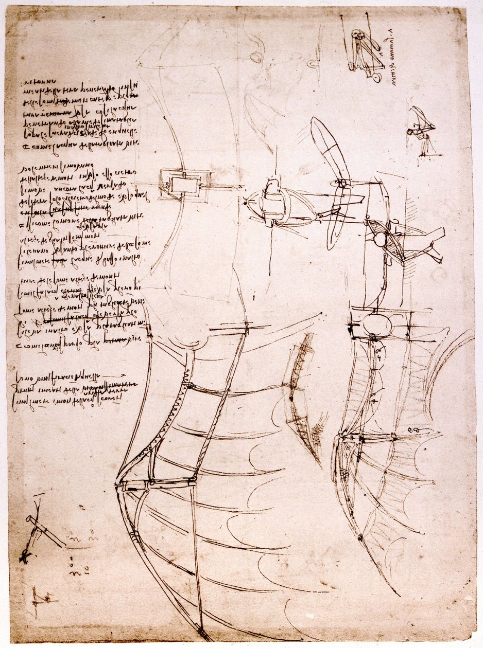 Studer på vinger. Codex Atlantic. Atlantic Codex, tegning av Leonard de Vinci (Leonardo da Vinci) rundt 1499. av Leonardo da Vinci