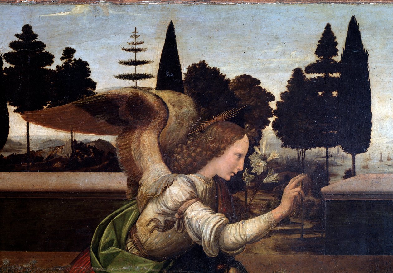 Bebudelsen, detalj av engelen - olje på tre av Leonardo da Vinci