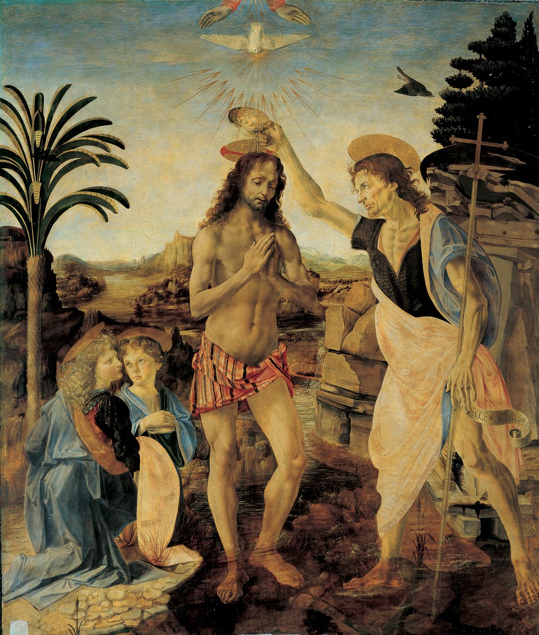 Kristi dåp rundt 1475 - 1478 av Andrea del Verrocchio (1436-1488) og Leonardo da Vinci (Leonard av Vinci) (1452-1516), Olje og tempera på tre av Leonardo da Vinci