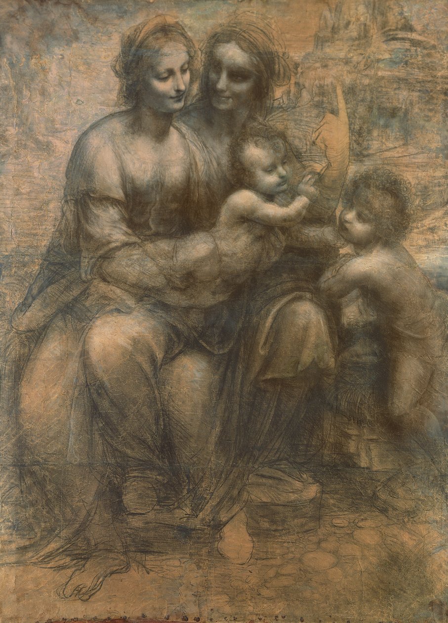 Jomfruen og barnet med Saint Anne, og spedbarnet Saint John the Baptist, ca. 1499-1500 (kull forhøyet med hvitt kritt på papir, montert på lerret) av Leonardo da Vinci