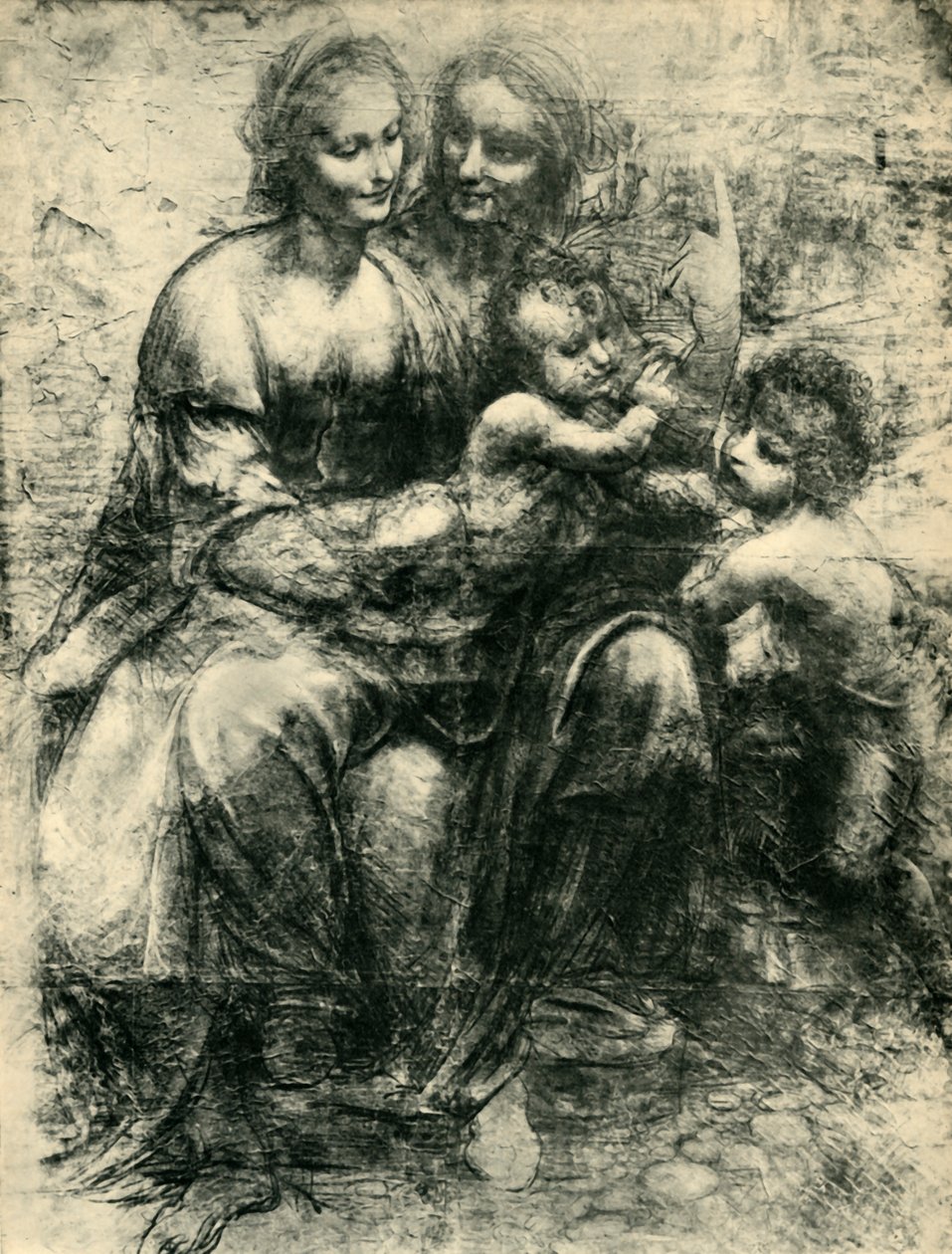 Jomfruen og barnet med den hellige Anne og døperen Johannes, 1499-1500, 1943. av Leonardo da Vinci
