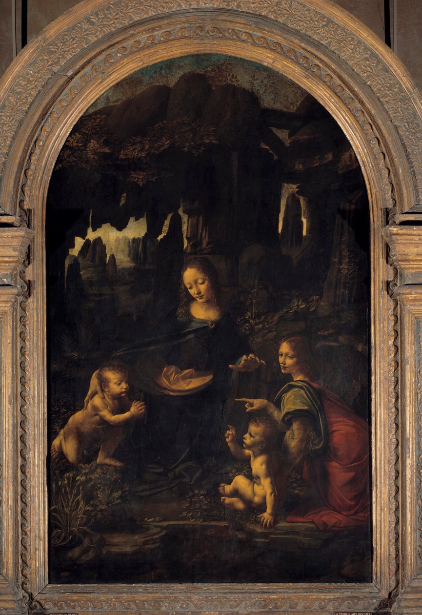 Jomfruen, Jesusbarnet, døperen Johannes og en engel eller "Jomfruen med klippene""-maleri av Leonard de Vinci (Leonardo da Vinci) (1452-1519) 1500-tallets søn. 1,99x1,22 m av Leonardo da Vinci