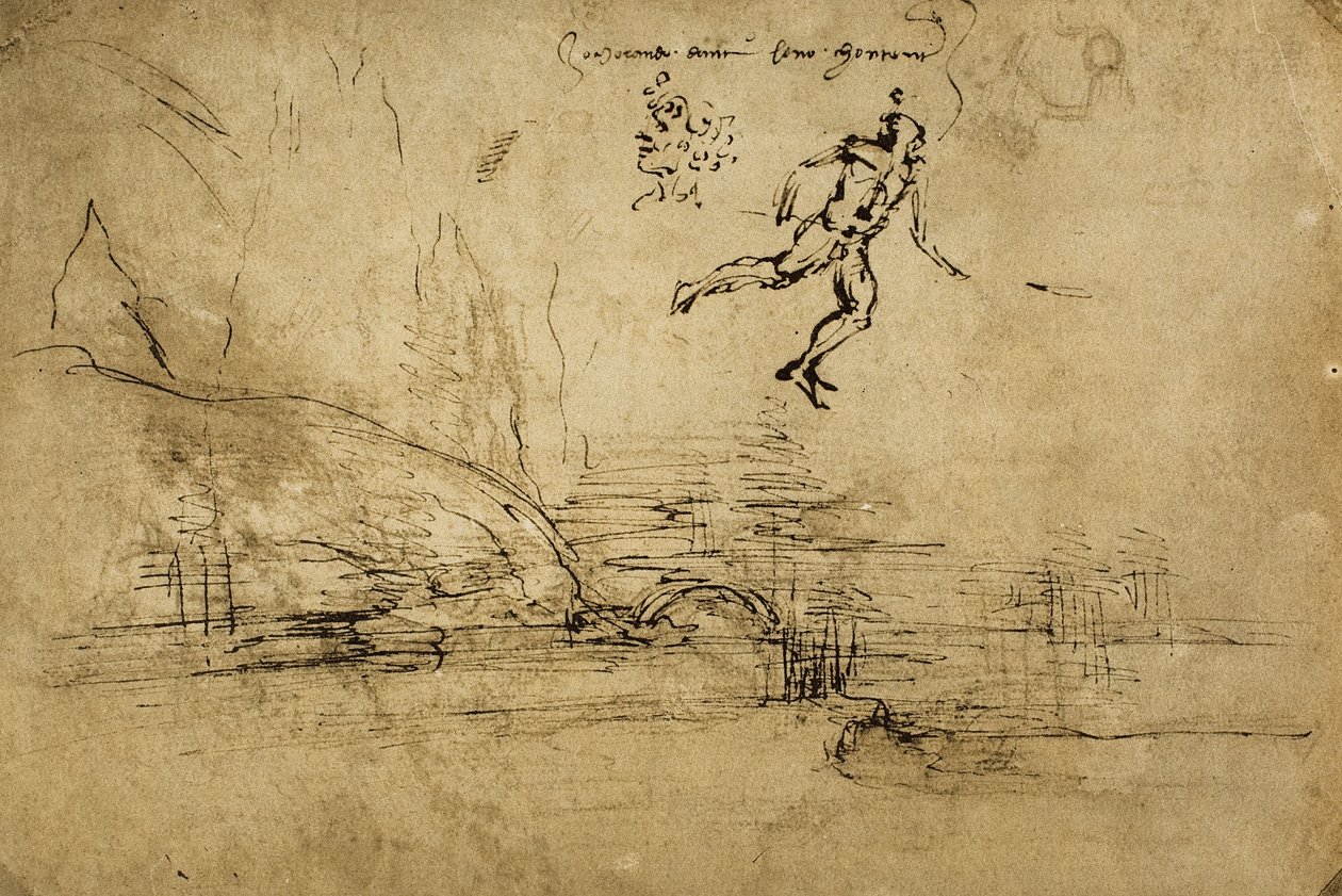 Baksiden av en landskapstegning med figuren av en soldat: pennetegning av Leonardo da Vinci. Cabinet of Drawings and Prints, Uffizi Gallery, Firenze av Leonardo da Vinci