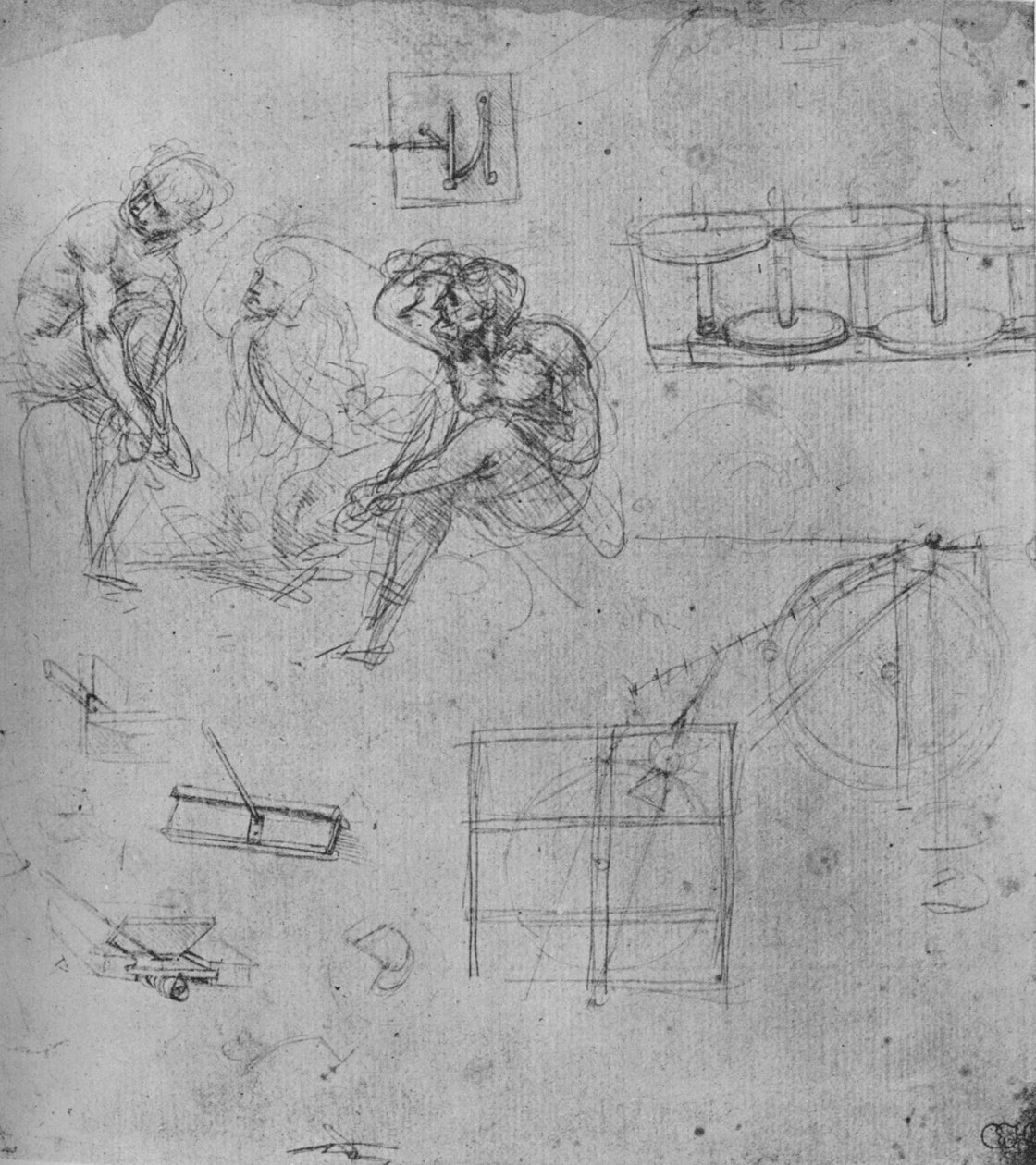 Tre sittende figurer og studier av maskiner, 1480-1481 1945 av Leonardo da Vinci