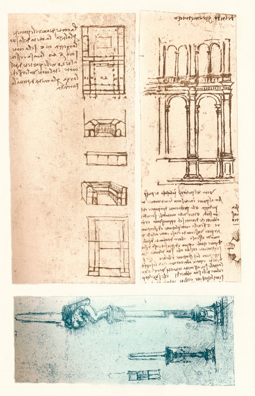 Tre arkitektoniske tegninger, c1472-c1519 1883 av Leonardo da Vinci