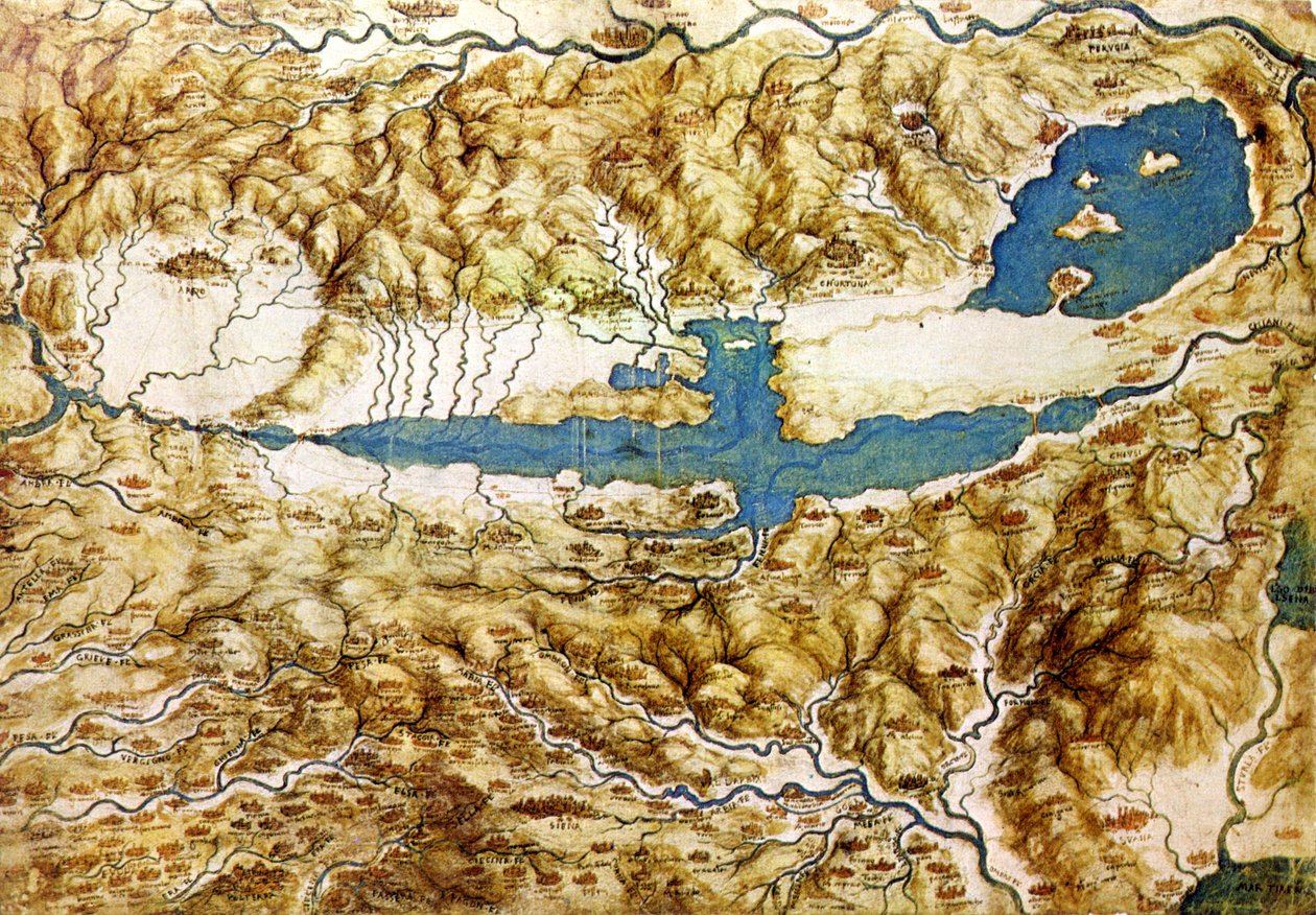Topografisk utsikt over landsbygda rundt Arezzo-sletten og Val di Chiana, tidlig på 1500-tallet av Leonardo da Vinci