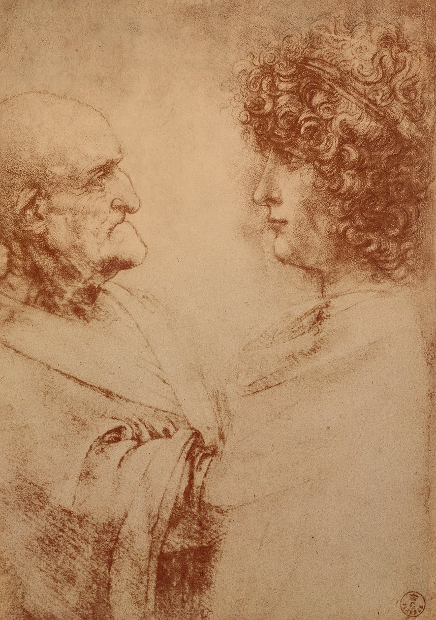 To hoder i profil, ca. 1500 (rødt kritt på papir) av Leonardo da Vinci