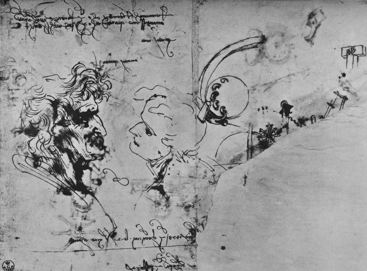 To profiler og studier av maskiner, c1480 1945 av Leonardo da Vinci