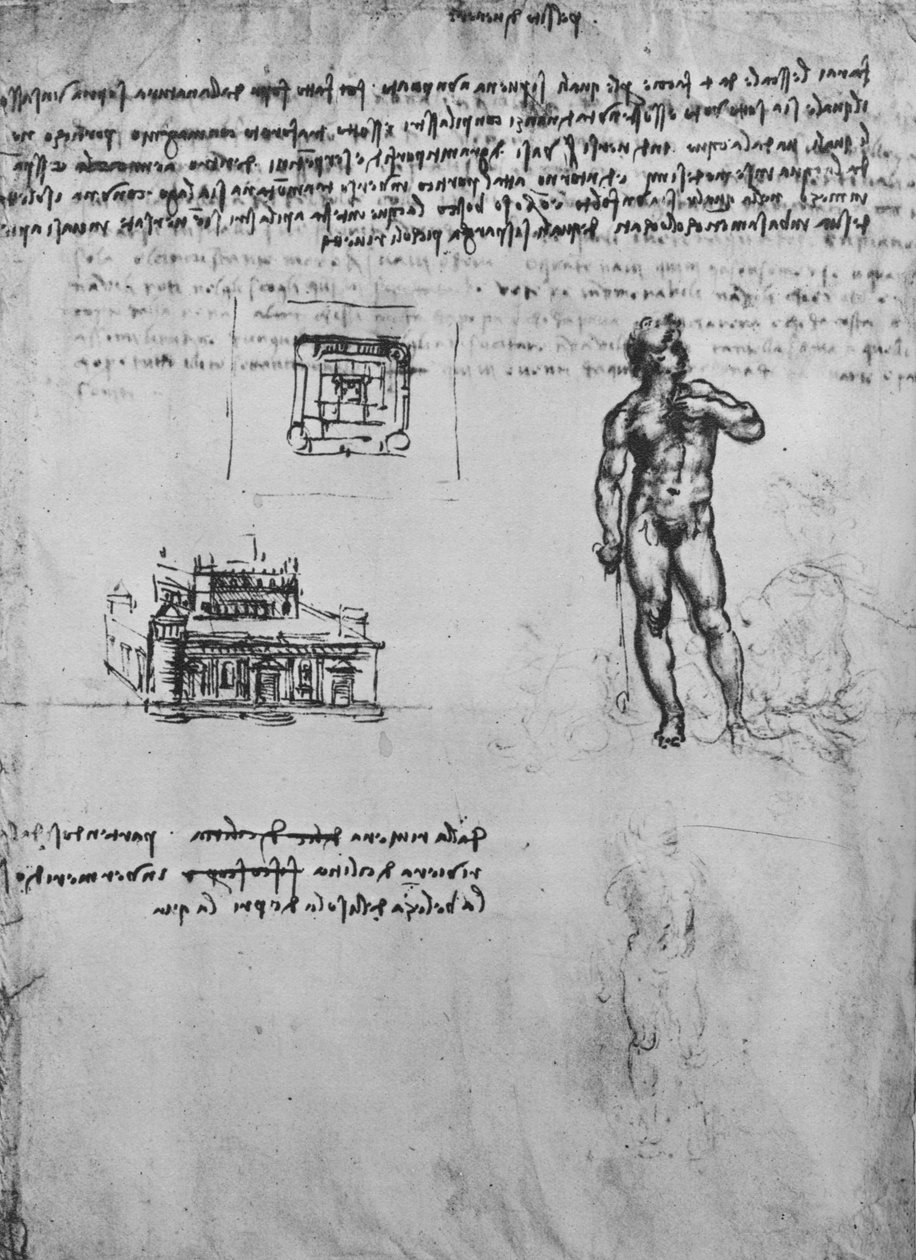 To studier av en naken figur og utsikten og planen av en bygning, c1480 1945 av Leonardo da Vinci