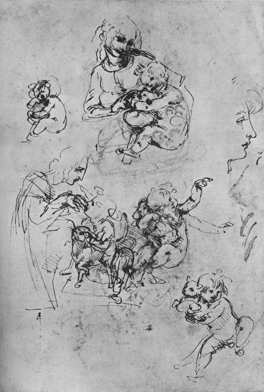 To studier av Madonna og barnet med en katt og tre studier av barnet, 1475-1481 1945 av Leonardo da Vinci