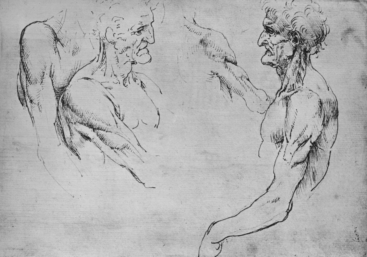To studier av den øvre delen av en gammel mann og to studier av våpen, c1480 1945 av Leonardo da Vinci