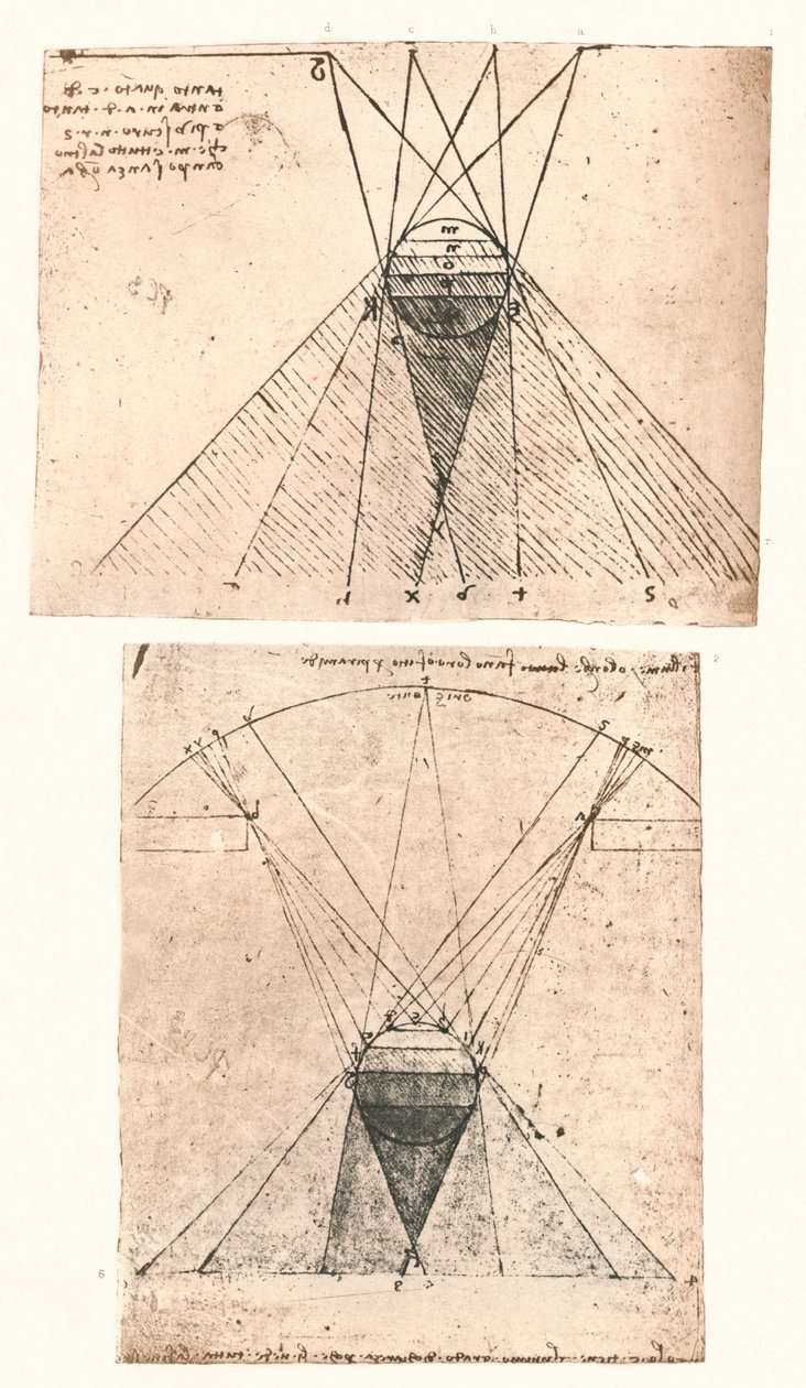 To diagrammer som illustrerer teorien om lys og skygge, c1472-c1519 1883 av Leonardo da Vinci