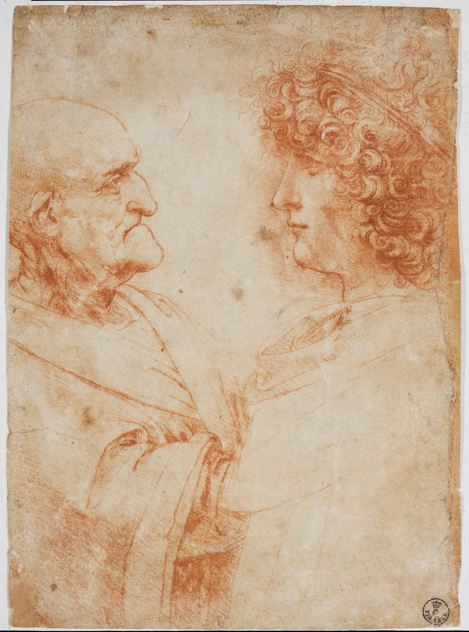 To mannlige profiler, en gammel mann og en ung mann - Den unge mannen representerer Gian Giacomo Caprotti dit Andrea Salai eller Salaij (ca. 1480-1524), Leonards elev og kjæreste - Tegning a la sanguine av Leonardo da Vinci (Leonard de Vinci) ( 1452–1519)  av Leonardo da Vinci