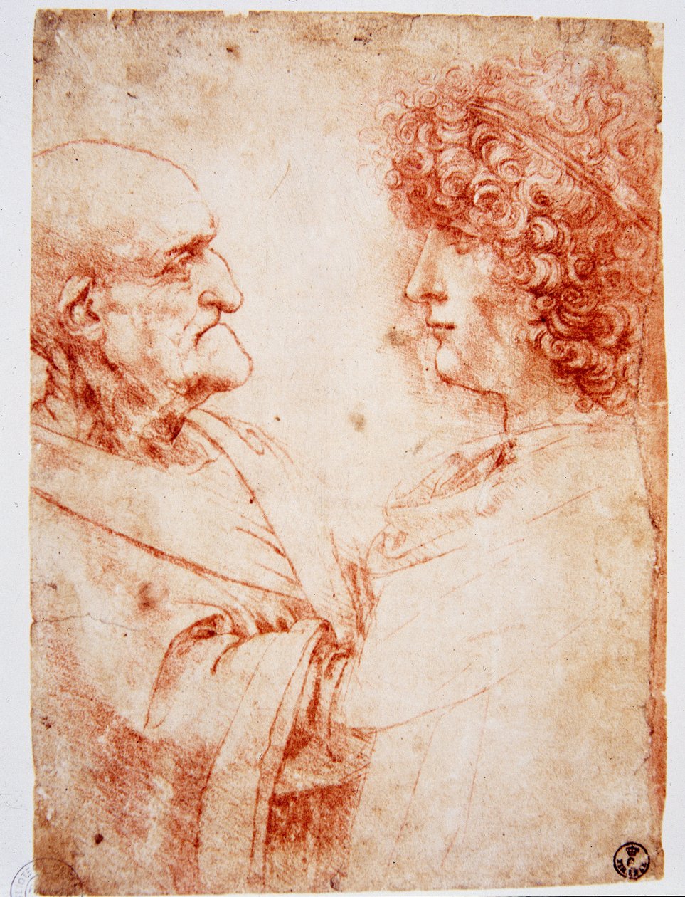 To mannsprofiler, en gammel mann og en ung mann. Den unge mannen representerer Gian Giacomo Caprotti, kjent som Andrea Salai eller Salaij (cirka 1480-1524), Leonards elev og kjæreste. Tegning a la sanguine av Leonardo da Vinci (Leonard de Vinci) (1452-1519 av Leonardo da Vinci