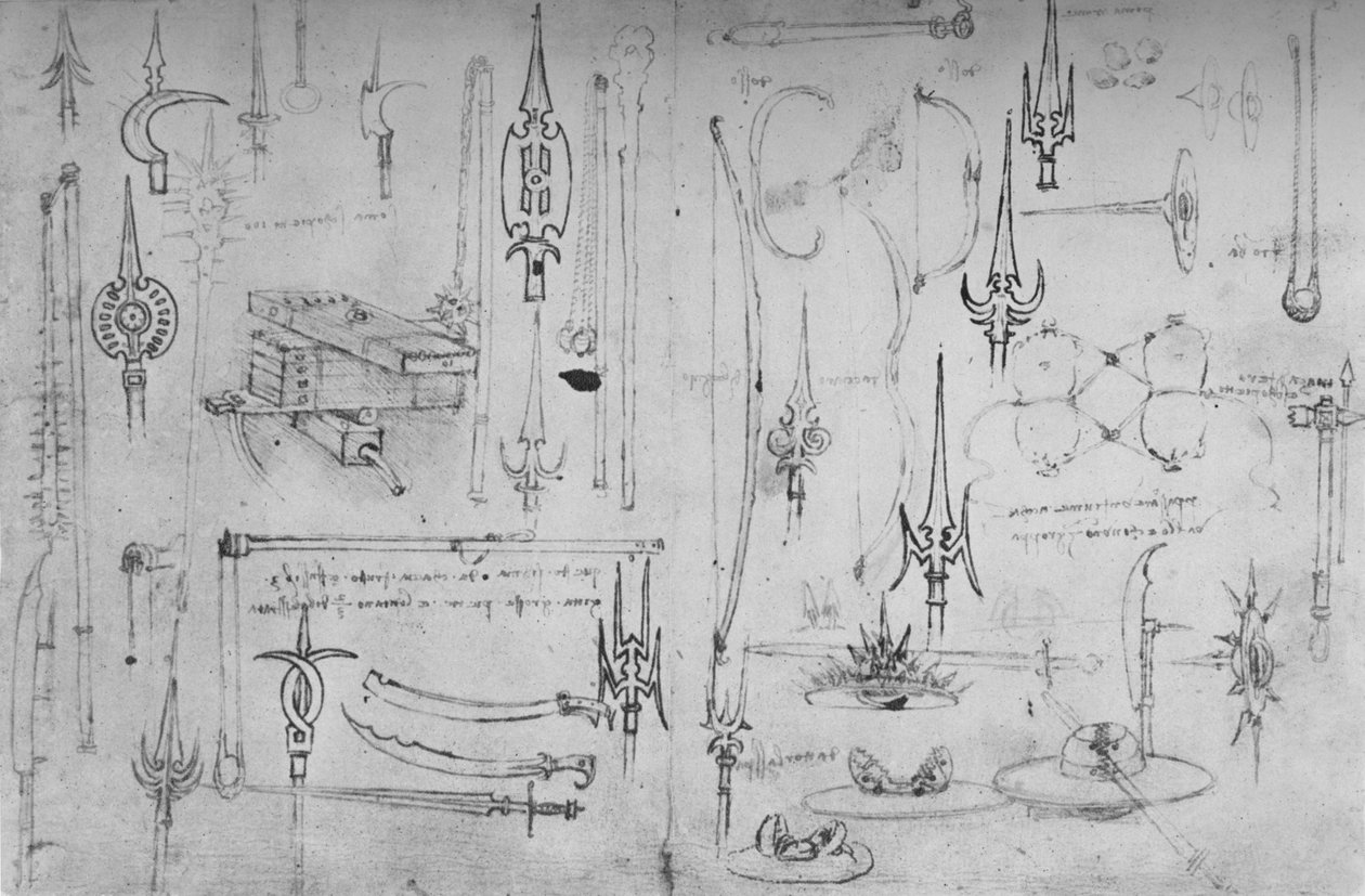 Forskjellige våpen til angrep og forsvar, c1480 1945 av Leonardo da Vinci