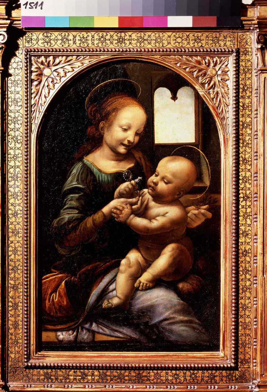 Jomfru og barn med blomst eller Madonna Benois (Madonna med en blomst eller Madonna Benois). Maleri av Leonardo da Vinci (Leonardo da Vinci av Leonardo da Vinci