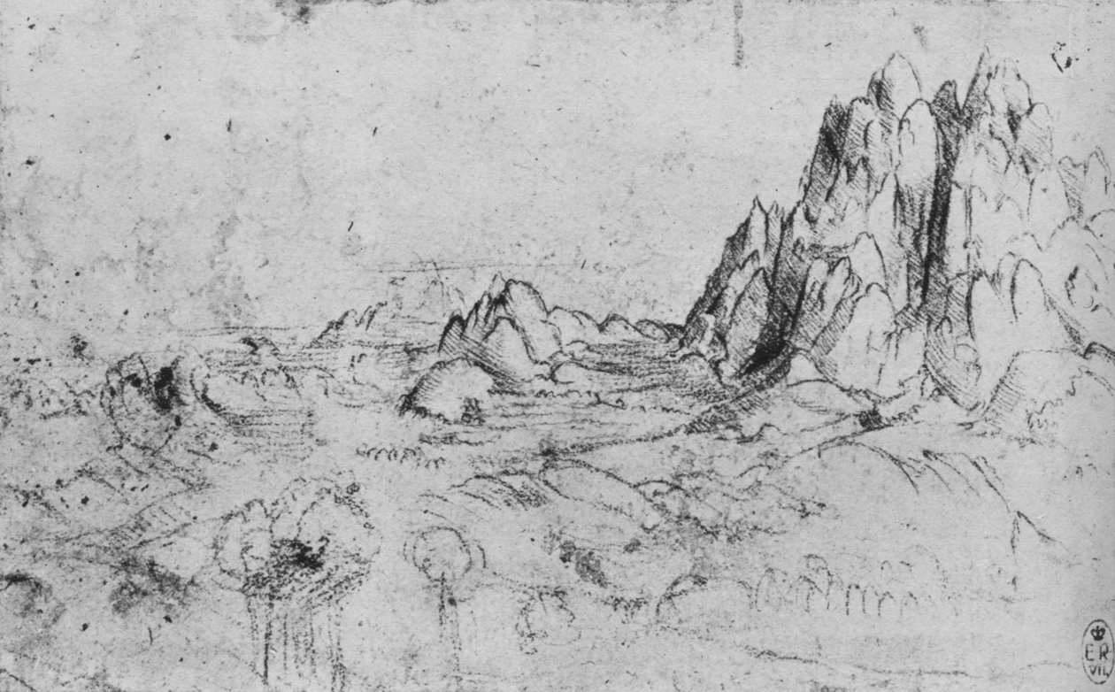 Utsikt over en fjellkjede, c1480 1945 av Leonardo da Vinci