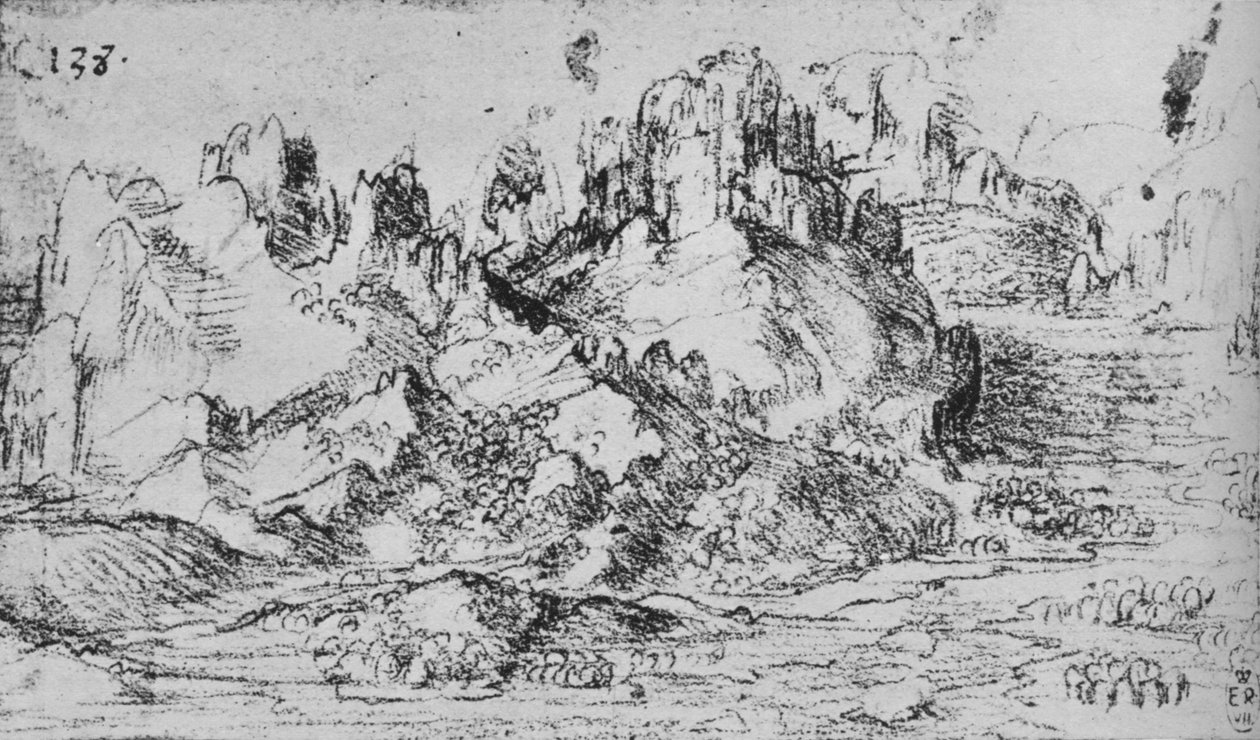 Utsikt over en dal med fjell bortenfor, c1480 1945 av Leonardo da Vinci
