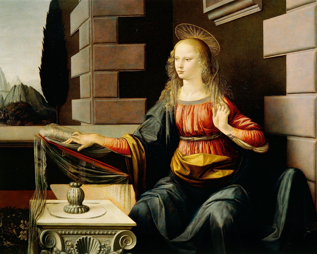 Jomfru Maria, detalj fra Annunciation, ca. 1475 (olje og tempera på tre) av Leonardo da Vinci