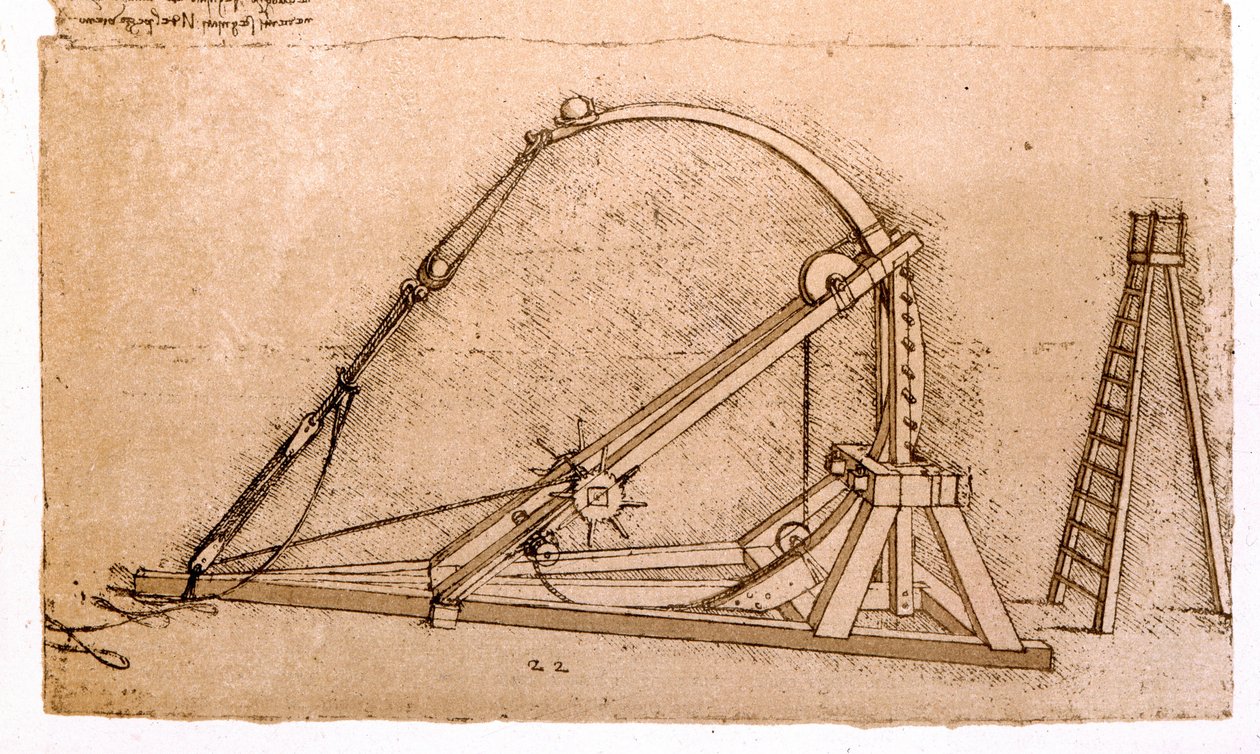 Krigsmaskin: Katapultstudie av Leonard de Vinci (Leonardo da Vinci) (1452 - 1519). av Leonardo da Vinci
