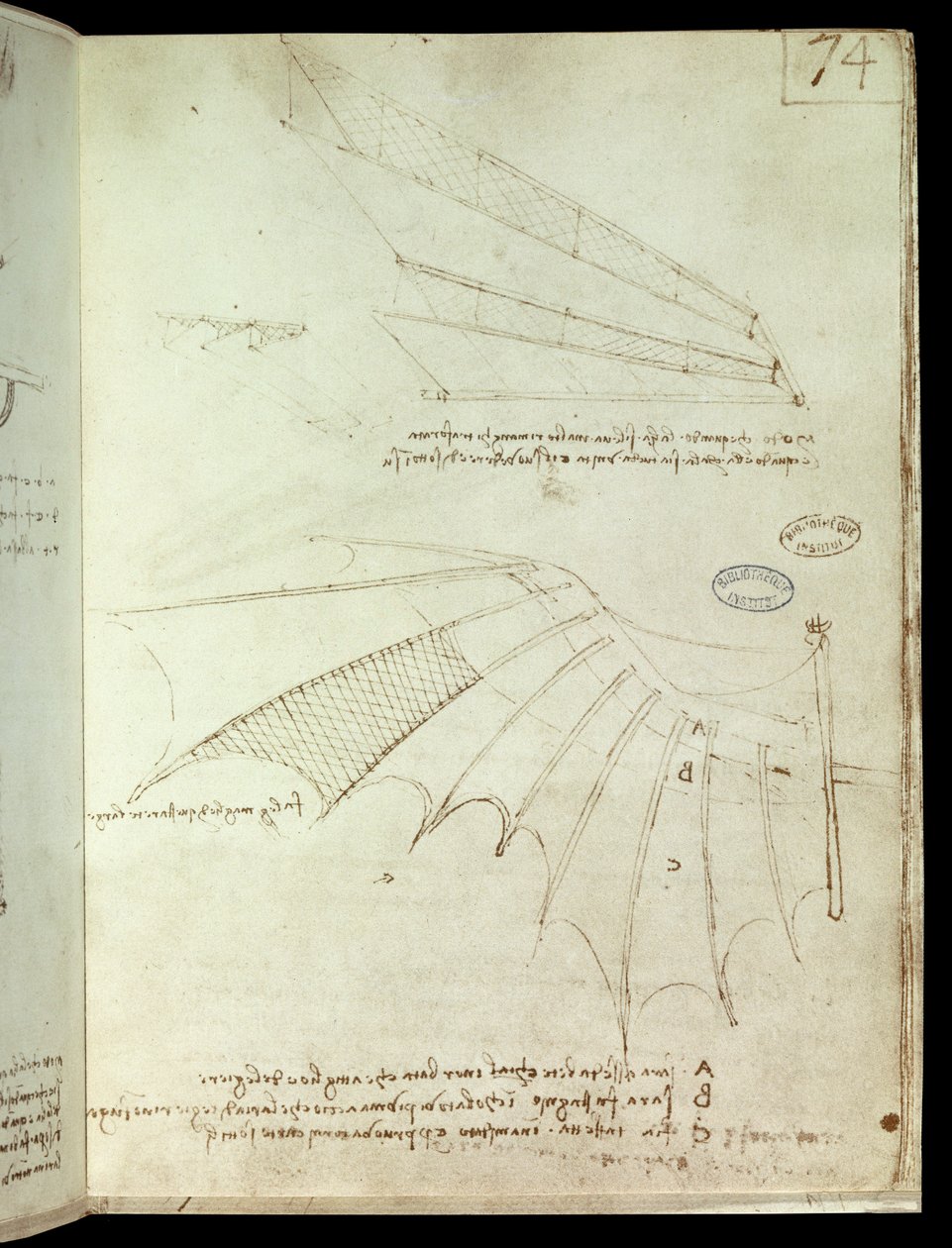 Vinge. Flyvende maskintegning. Manuskript av Leonard De Vinci (Leonardo da Vinci av Leonardo da Vinci